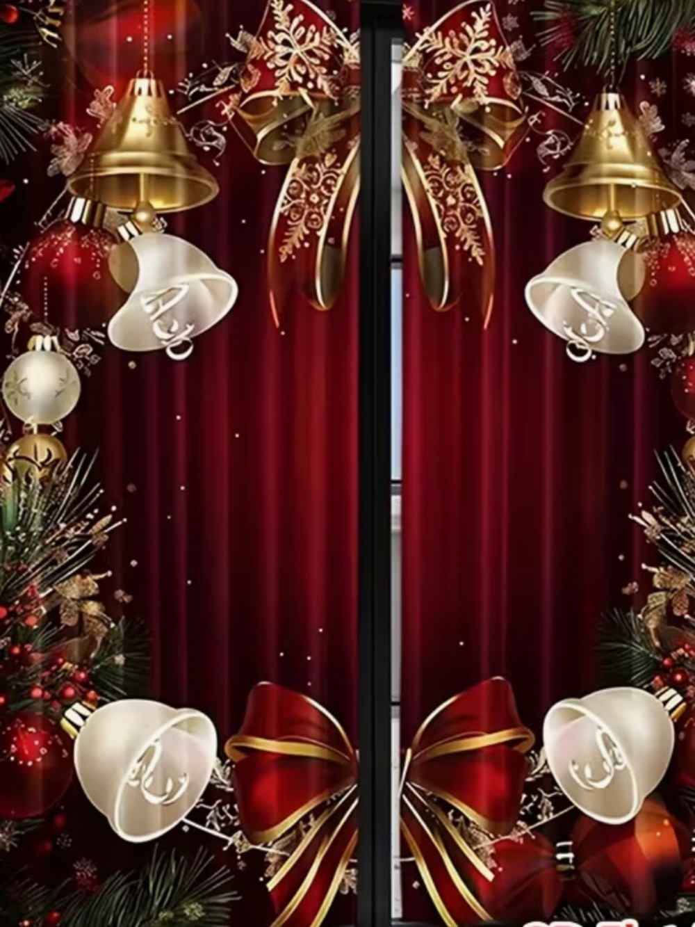 Holiday Bell & Bow Curtain Panel - Red Gold Christmas Décor very lightweight